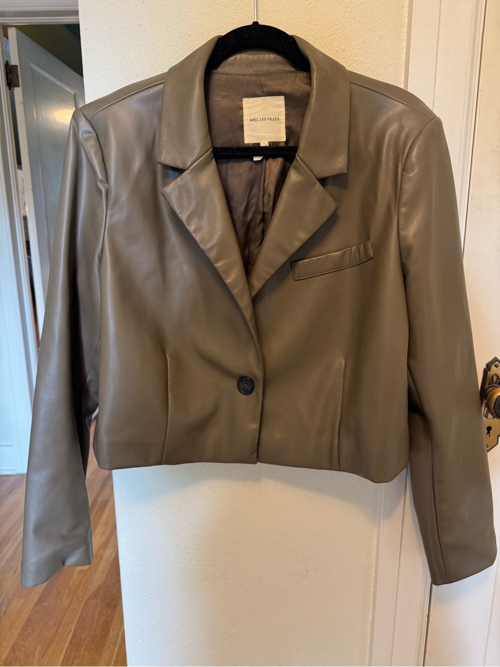 Avec Les Filles Olive Green Vegan Leather Cropped Blazer